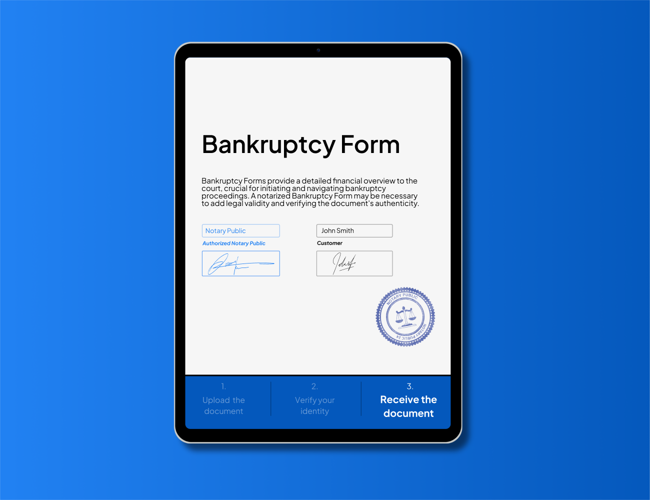 Digital notarized utility bill with notary and customer signatures on tablet screen, featuring step-by-step document authentication process by NotaryPublic24.com.