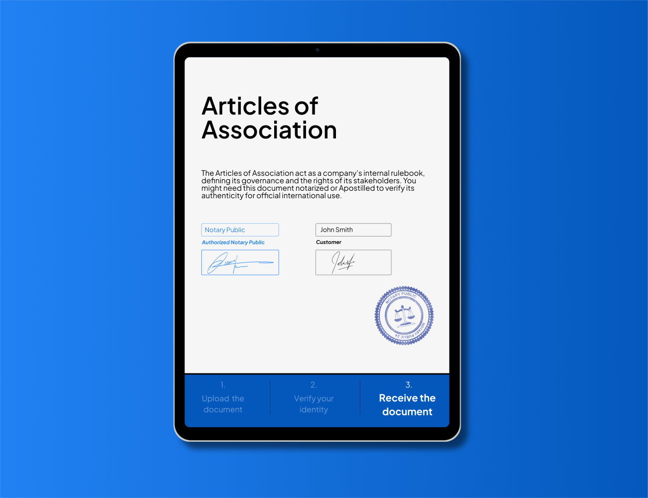 Notarized articles of association displayed on tablet with official notary seal. Fast and secure online service for driving license notarization or Apostille for international legal validation.
