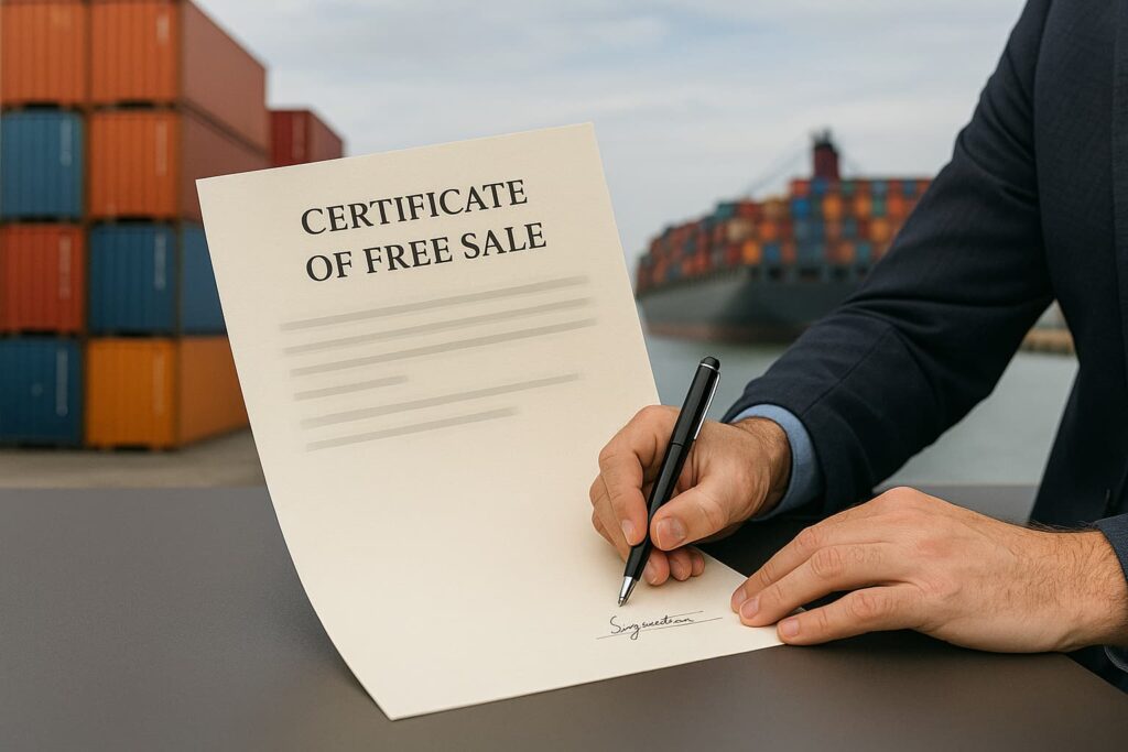Man signing a Certificate of Free Sale at a shipping port with cargo containers and a freighter in the background. NotaryPublic24 offers professional notarization and apostille services for export documents like Certificates of Free Sale.