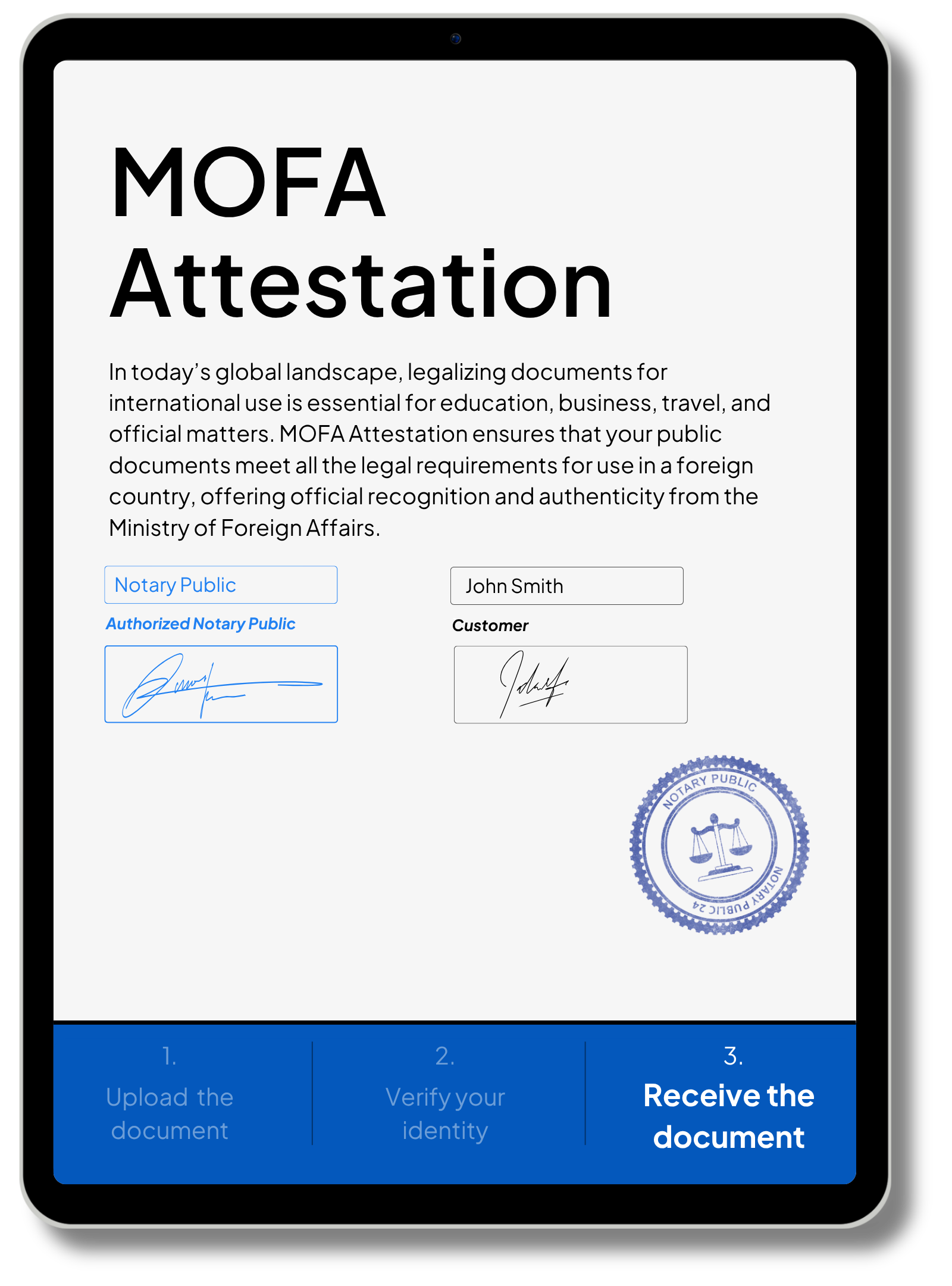 MOFA Attestation service by notarypublic24.com shown on tablet screen with digital notary signatures, seal, and online legalization steps