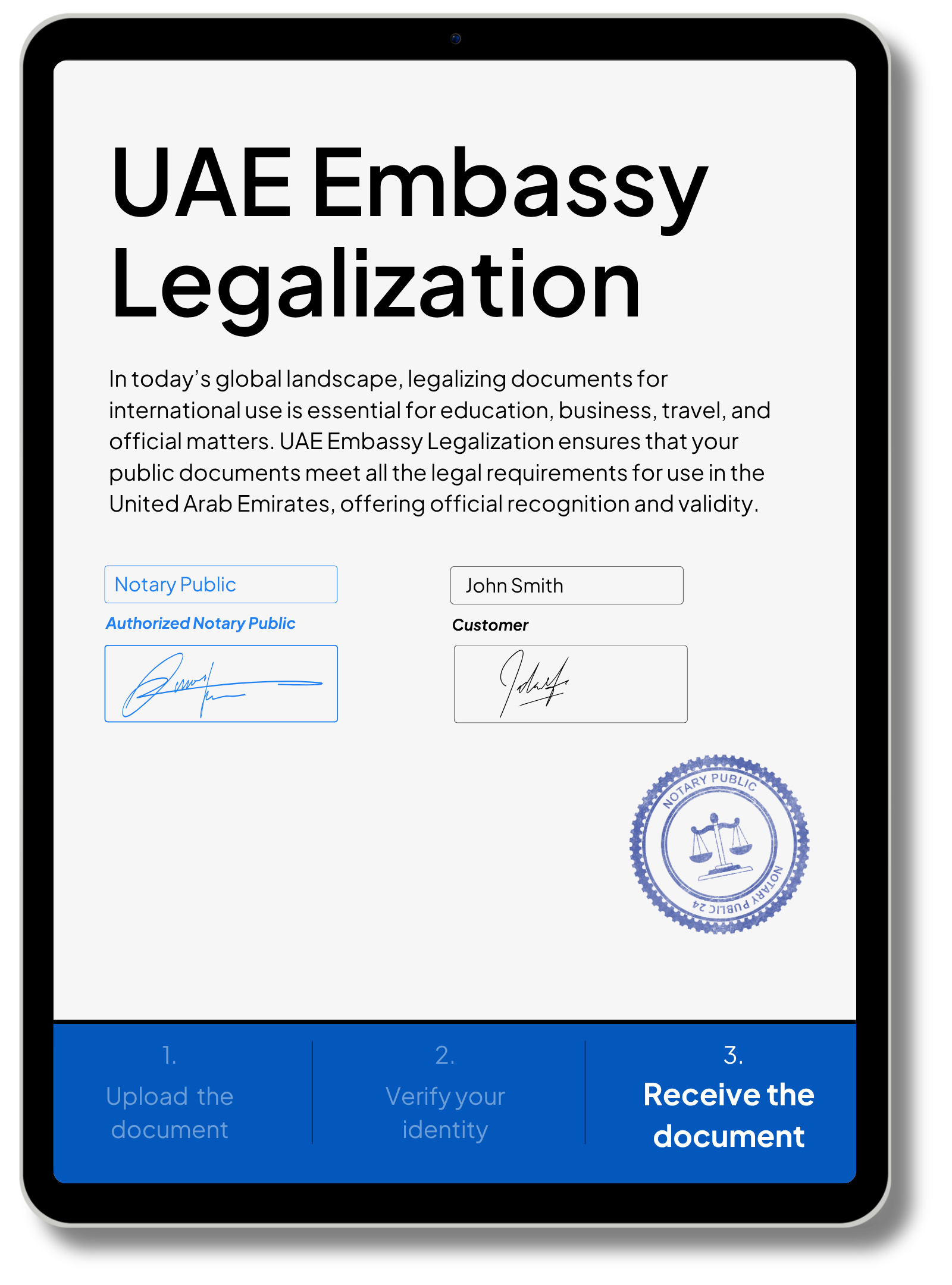 UAE Embassy Legalization service by notarypublic24.com shown on tablet screen with digital notary signatures, seal, and step-by-step legalization process