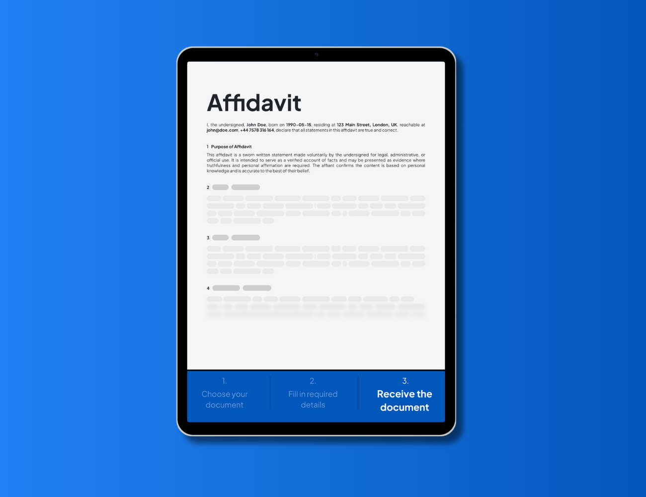 Editable affidavit form template on screen – generate, sign, and notarize an affidavit PDF using NotaryPublic24’s online legal form service.
